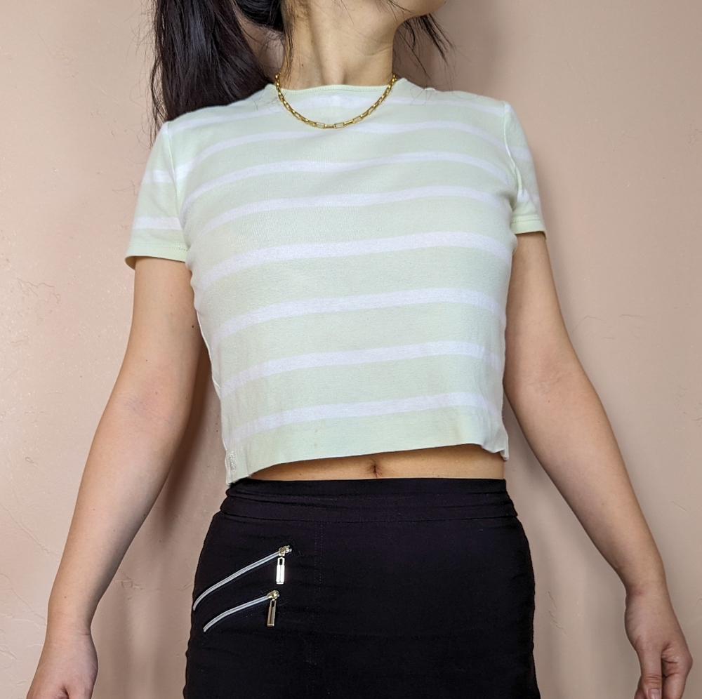 90s Vintage Lauren Ralph Lauren Light Green Striped Baby Tee/T-shirt Size S